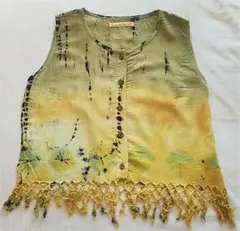 絞り染め タンクトップ 前開き イエロー フリンジ  タイ製