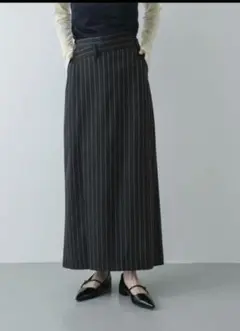 ストライプ柄 タイトスカートアシメントリー ロング丈 チャコールグレー