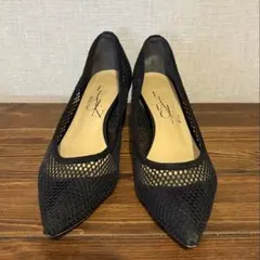 メッシュ ポインテッドトゥパンプス 黒 中ヒール
