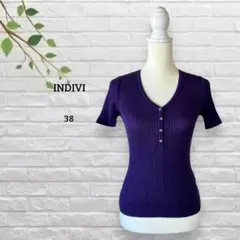 インディヴィ　INDIVI　リブトップス　半袖　紫　日本製　コットン　綿混