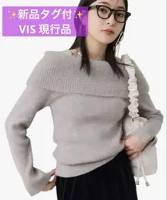 【新品タグ付】VIS フェザーヤーンオフショルもちもちリブニット Fライトグレー