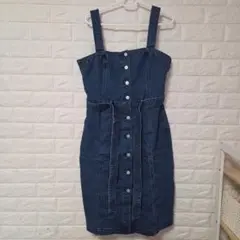 デニムサロペット ボタン付き ウエストベルト付き