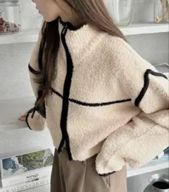 アイボリーフリース風 ジップアップセーター