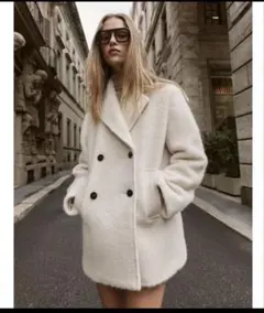 【新品】ZARA ブークレダブルブレストミディ丈コート エクリュ L