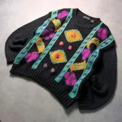80s-90s ヴィンテージ 花柄 立体編み ニット レトロ M