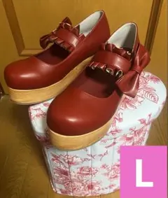 ♡しまみさ　木底風厚底リボンシューズ　赤Lサイズ美品♡のサムネイル