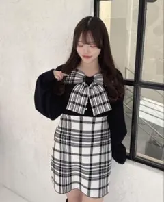 evelyn リボンチェックニットワンピース