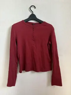 ユニクロUNIQLOリブヘンリーネックT長袖Lレッド
