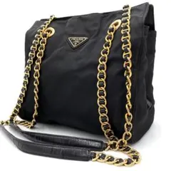 美品✨プラダ　チェーンショルダーバッグ ナイロン レザー ゴールドチェーン　黒