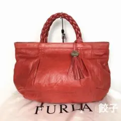 FURLA フルラ ハンドバッグ バッグ レザー 赤 レッド 編み込み ハンドル