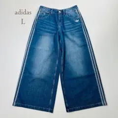 タグ付き adidas ワイドレッグデニム L 刺繍ロゴ ブルー ストライプのサムネイル