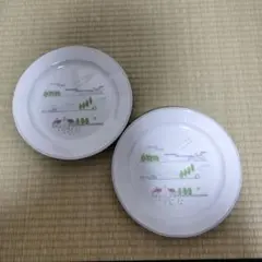 風景イラストの陶磁器皿2枚セット