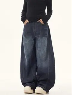 【L】　デニム バギーパンツ ワイドパンツ ワイドレッグ ヴィンテージ加工　N