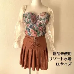 新品 体型カバー水着 花柄 シアー 長袖 レースアップスコート