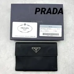 PRADA プラダ 三つ折り財布 キャンバス レザー 三角ロゴプレート ブラック