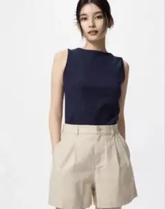 【着用回数1回】シャーリングボートネックノースリーブ M ネイビー　UNIQLO
