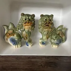 沖縄シ一サ一 一対陶器製 縁起物 獅子像 魔除け 厄除け青緑色 置物