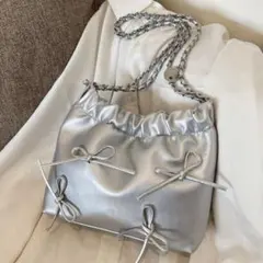 SHEIN ショルダーバッグ リボン装飾 シルバー PUレザー 韓国