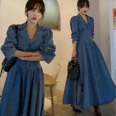 デニム ロングワンピース 韓国 l 体型カバー 春 フレア 春服