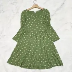 ホコモモラ 総柄フレアワンピース 40 グリーン ドット 蝶 日本製 40
