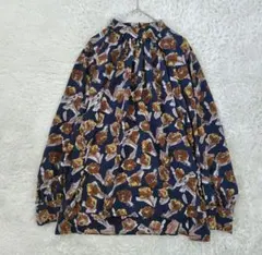 美品【BANANA REPUBLIC】花柄ボウタイブラウス マスタード×ネイビー 