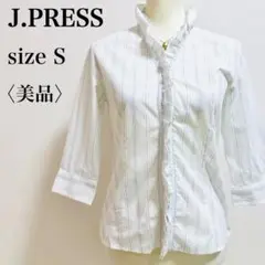 ジェイプレス ストライプフリルブラウス フライフロント 7分袖 薄手 春夏