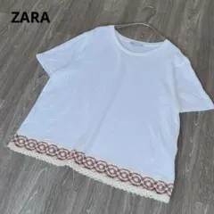 ZARA Tシャツ 半袖 カットソー ラウンドネック 切替 レース M 白