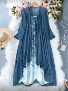 花柄ワンピース　2点セット　ブルー　M