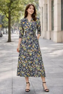 【美品】Sサイズ インナー付 花柄 シャツワンピース 七分袖 フレイアイディー