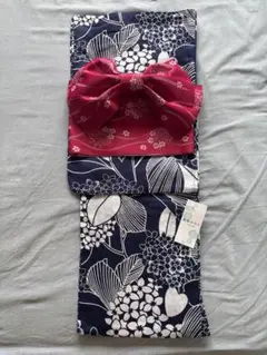 浴衣・帯セット 紺　ピンク　紫陽花　あじさい