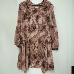花柄フリルワンピース チュニック ピンクブラウン 長袖 襟付き シフォン 春服