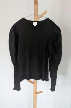 H&M パフスリーブ リブカットソー ブラック L