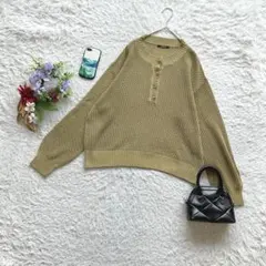 ニット セーター 長袖 透かし編み ボタン L シンプル 普段着 カジュアル