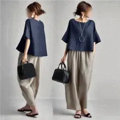 2L セットアップ トップス ワイドパンツ パンツスーツセット 春夏 紺 a1