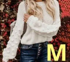 レディース 秋冬 ニットセーター トップス ショート丈 ホワイト 白 バルーン袖