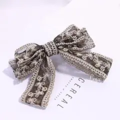 No.305 フラワーレース刺繍リボンバレッタ ブラック 韓国 量産型 地雷