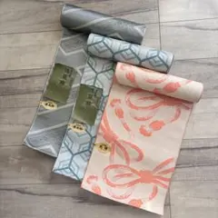 八寸名古屋帯　反物3点セット　正絹　佐賀錦　シルバー　緑　オレンジ　【mm57】