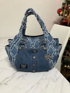 981 大きめフリンジデニムリメイクバック　オーバーオールデニム　ハンドメイド