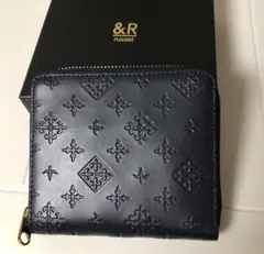 ネイビー レザー 二つ折り財布 エンボス加工