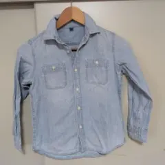 ライトブルー デニム風長袖シャツ、ストライプシャツ