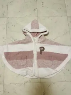 piquéセット　フード付きポンチョ＆ニット帽80-90 ピンク系