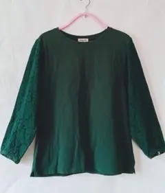 サマンサモスモス 綿 コットン 濃緑 グリーン 刺繍レース袖 Tシャツ Fのサムネイル