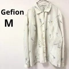 【レトロ古着】花柄×ストライプ 総柄ブラウス 立ち襟 金ボタン クラシカル