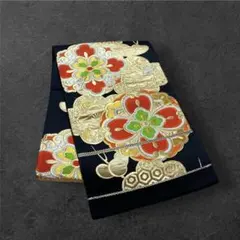 着物 帯 黒地 black 花柄 flower 金刺繍 ヴィンテージ