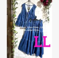 6277新品⭐️LL〜3L＊デニム風ティアードスカート＆リボンベスト豪華2点set