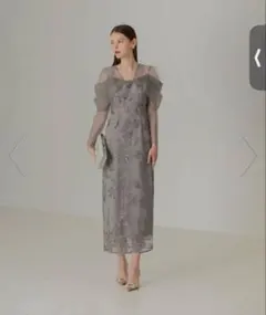 LEJA チュールロングスリーブ リーフIラインワンピース ドレス グレー