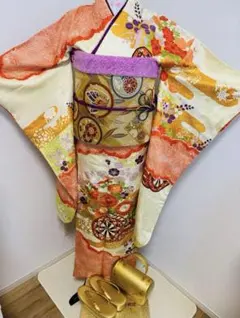 振袖 オレンジとクリーム 花柄 帯付き