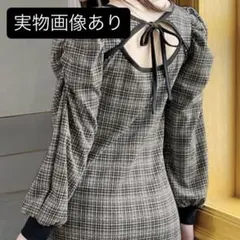 GRL グレイルチェック柄オープンリボンパワーショルダー ワンピース