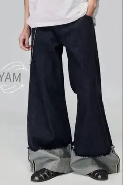 SIMPLEPROJECT 変形リジッド デニム ワイドフレアパンツ カットオフ 
