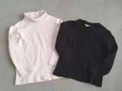 長袖カットソー ネック フリル ブラック 薄ピンク 2点セット 100